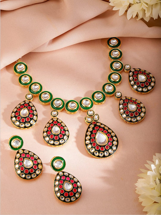 Rubans 24K Gold-Plated Green & Black Enamel Border Ruby Pink & White Kundan Necklace Set