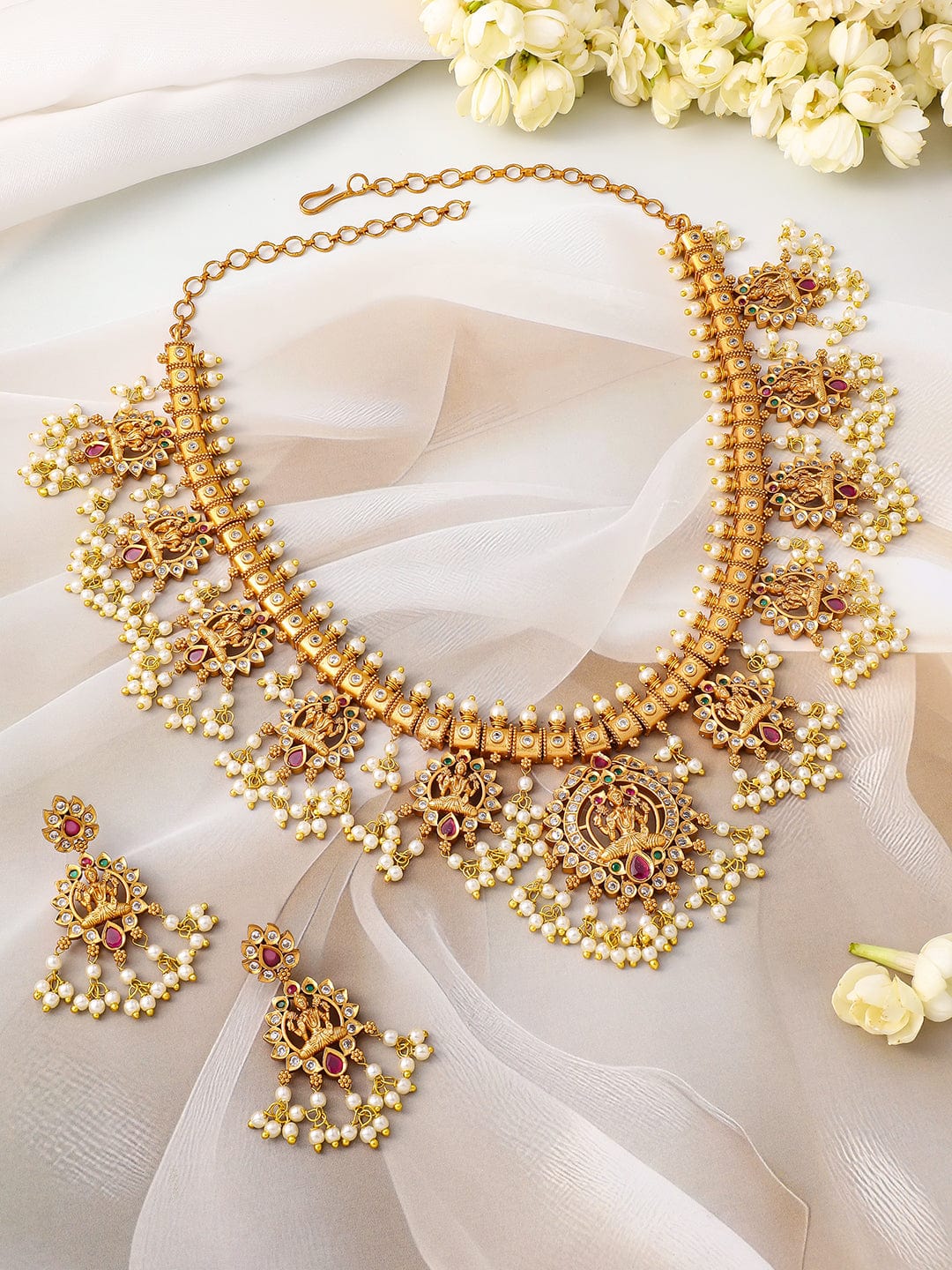 Rubans 24K Gold-Plated Lakshmi Temple Necklace Set with Ruby Stones & Pearl Detailing