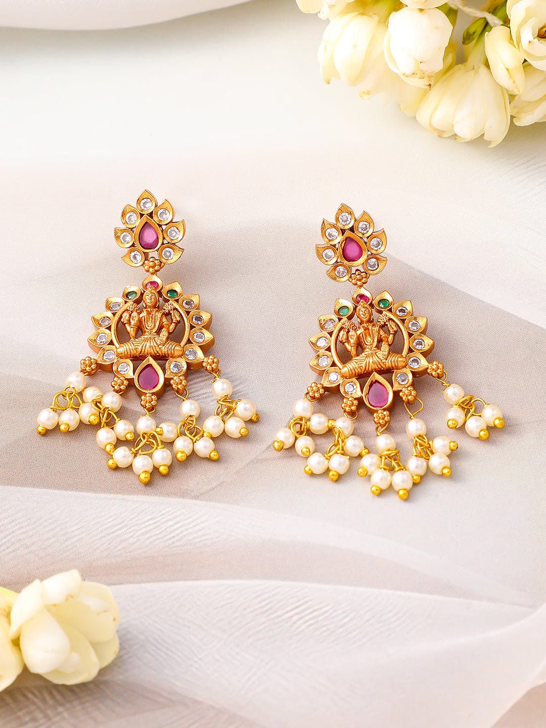 Rubans 24K Gold-Plated Lakshmi Temple Necklace Set with Ruby Stones & Pearl Detailing