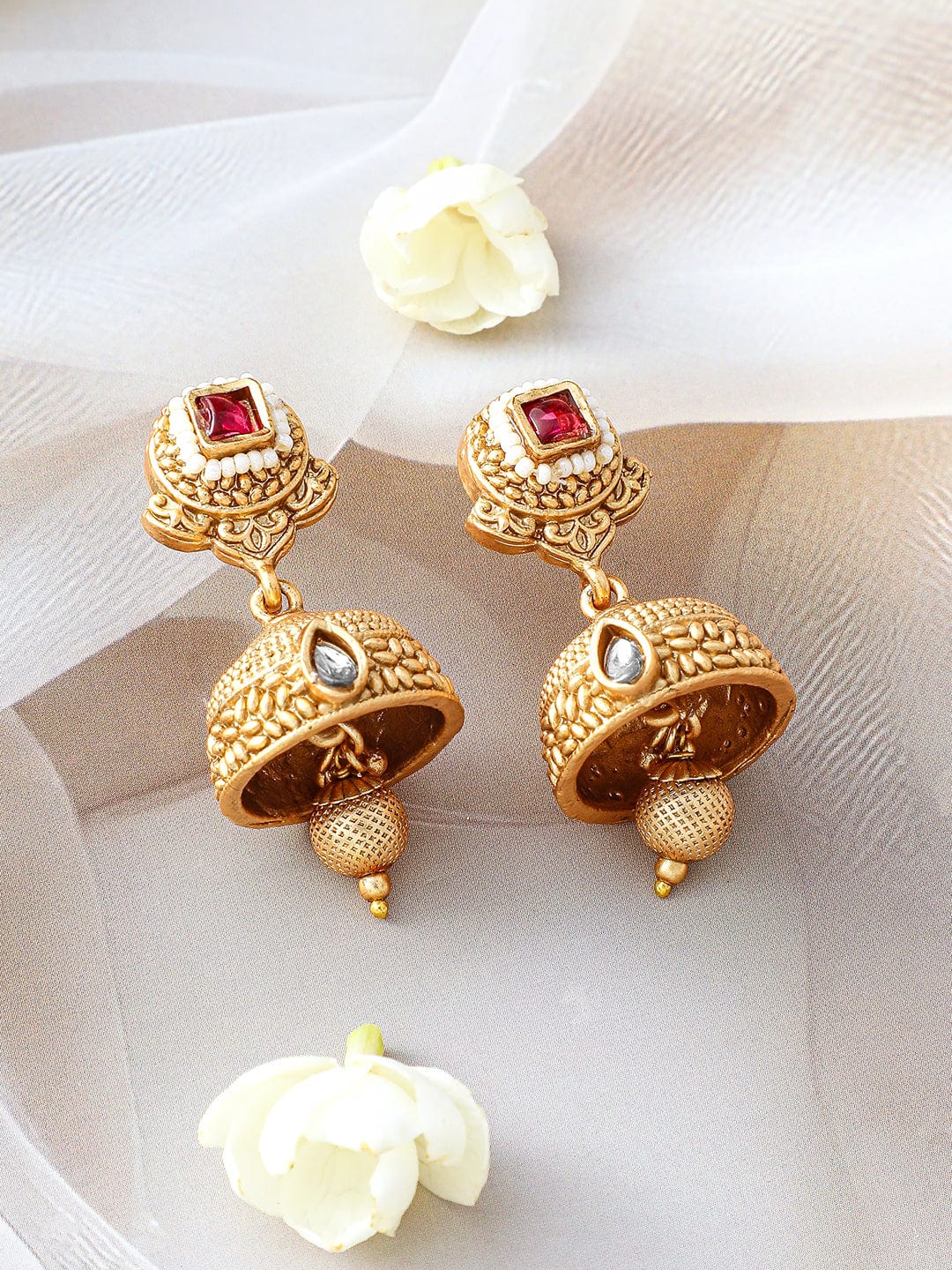 Rubans 24K Gold-Plated Ruby & Kundan Studded Floral Design Necklace Set with Jhumkas