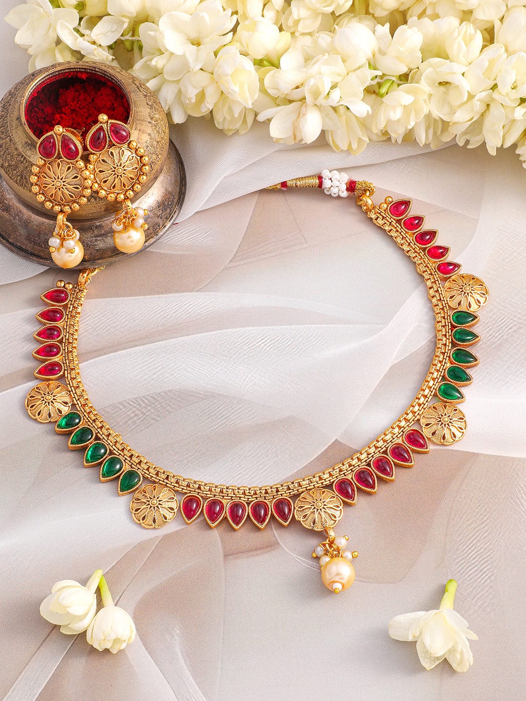 Rubans 24K Gold-Plated Ruby Red & Emerald Green Kundan Studded Necklace Set with Pearl Drops