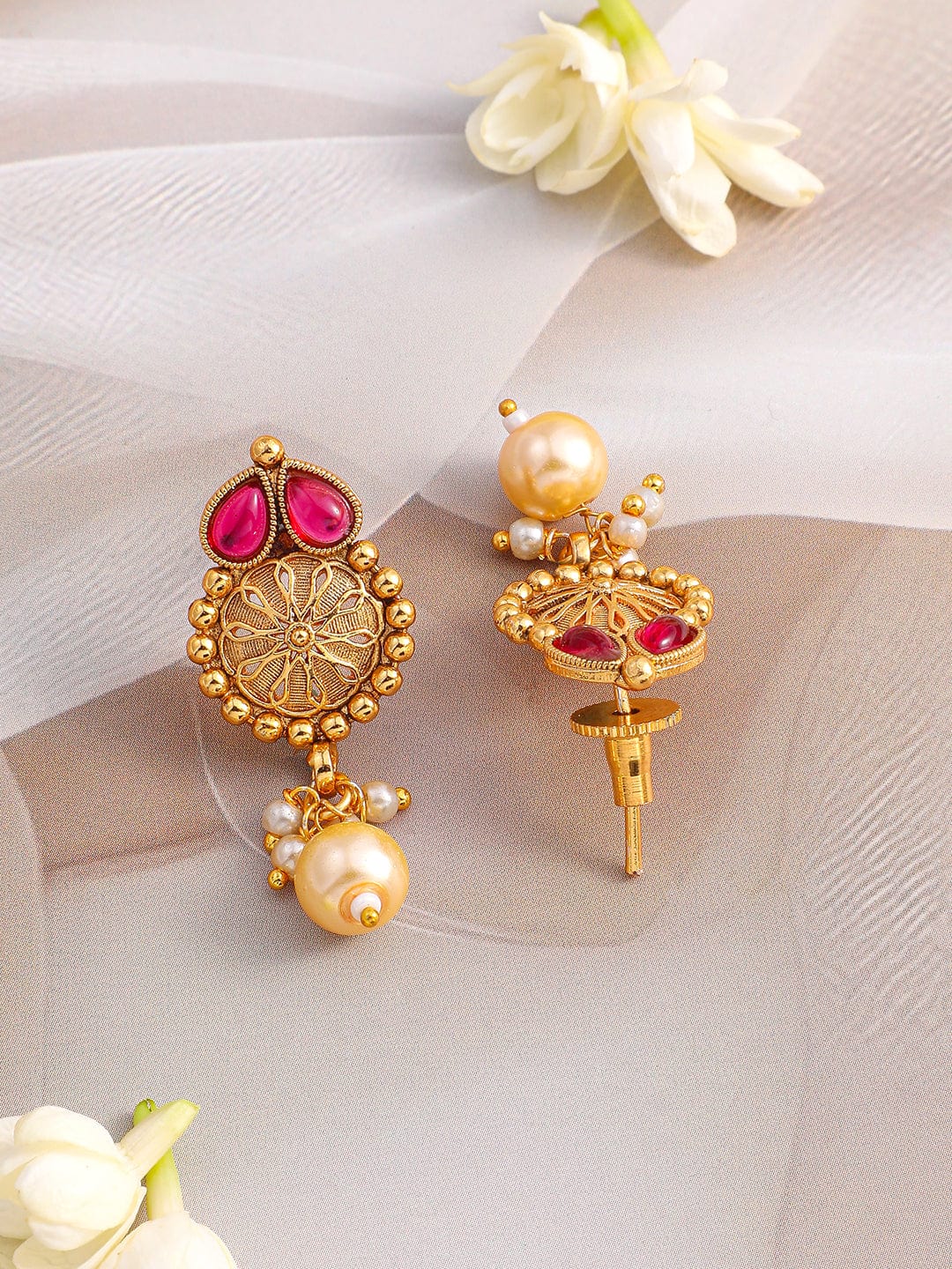 Rubans 24K Gold-Plated Ruby Red & Emerald Green Kundan Studded Necklace Set with Pearl Drops