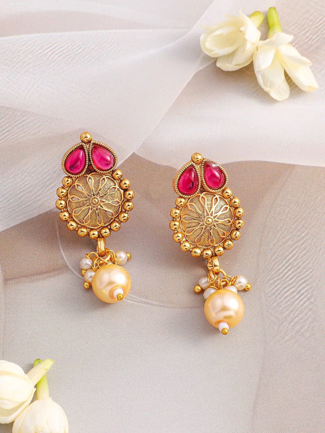 Rubans 24K Gold-Plated Ruby Red & Emerald Green Kundan Studded Necklace Set with Pearl Drops