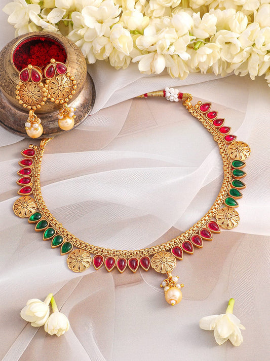 Rubans 24K Gold-Plated Ruby Red & Emerald Green Kundan Studded Necklace Set with Pearl Drops