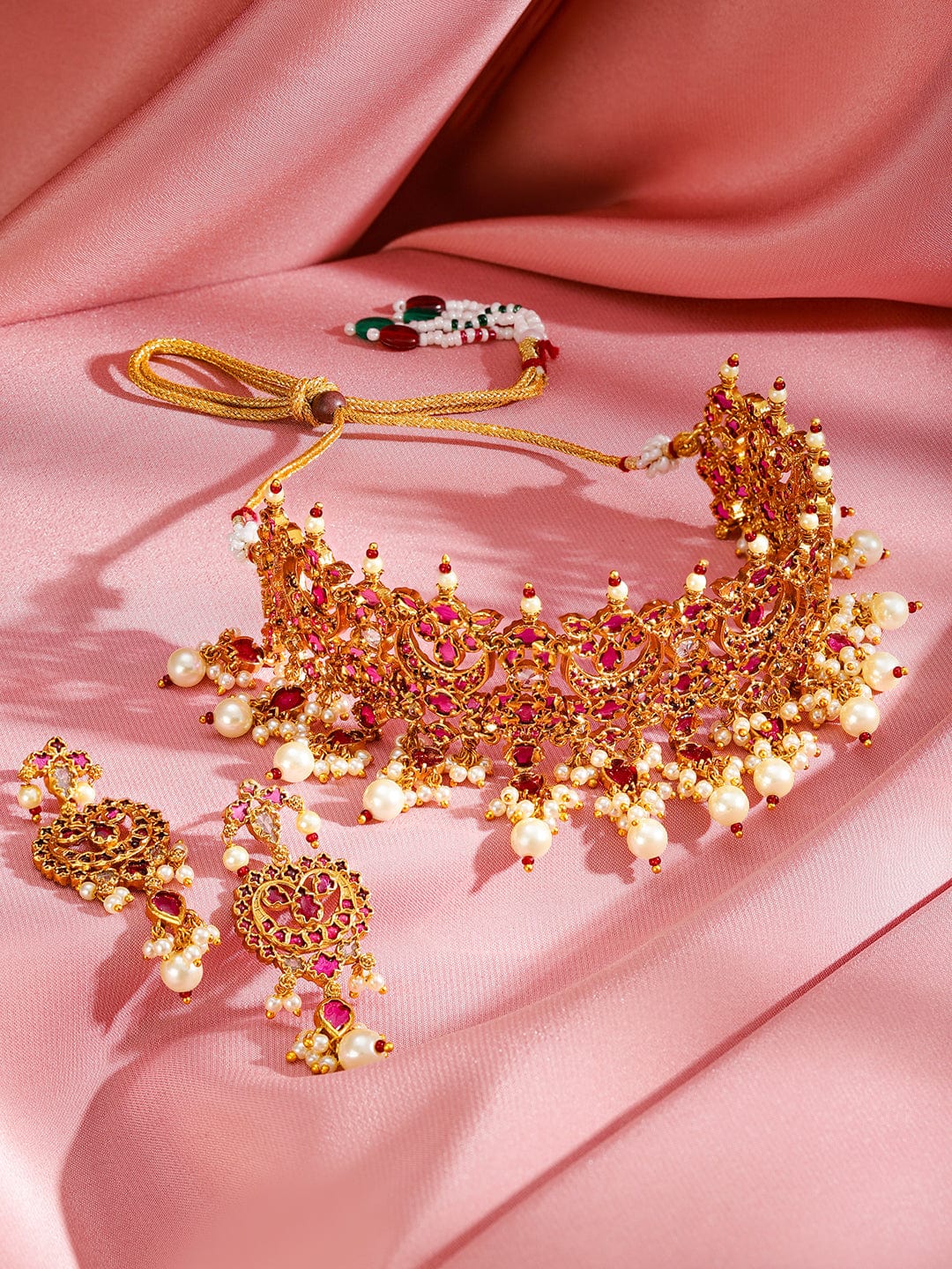 Rubans 24K Gold-Plated Ruby Studded & Pearl Beaded Handcrafted Choker Necklace Set