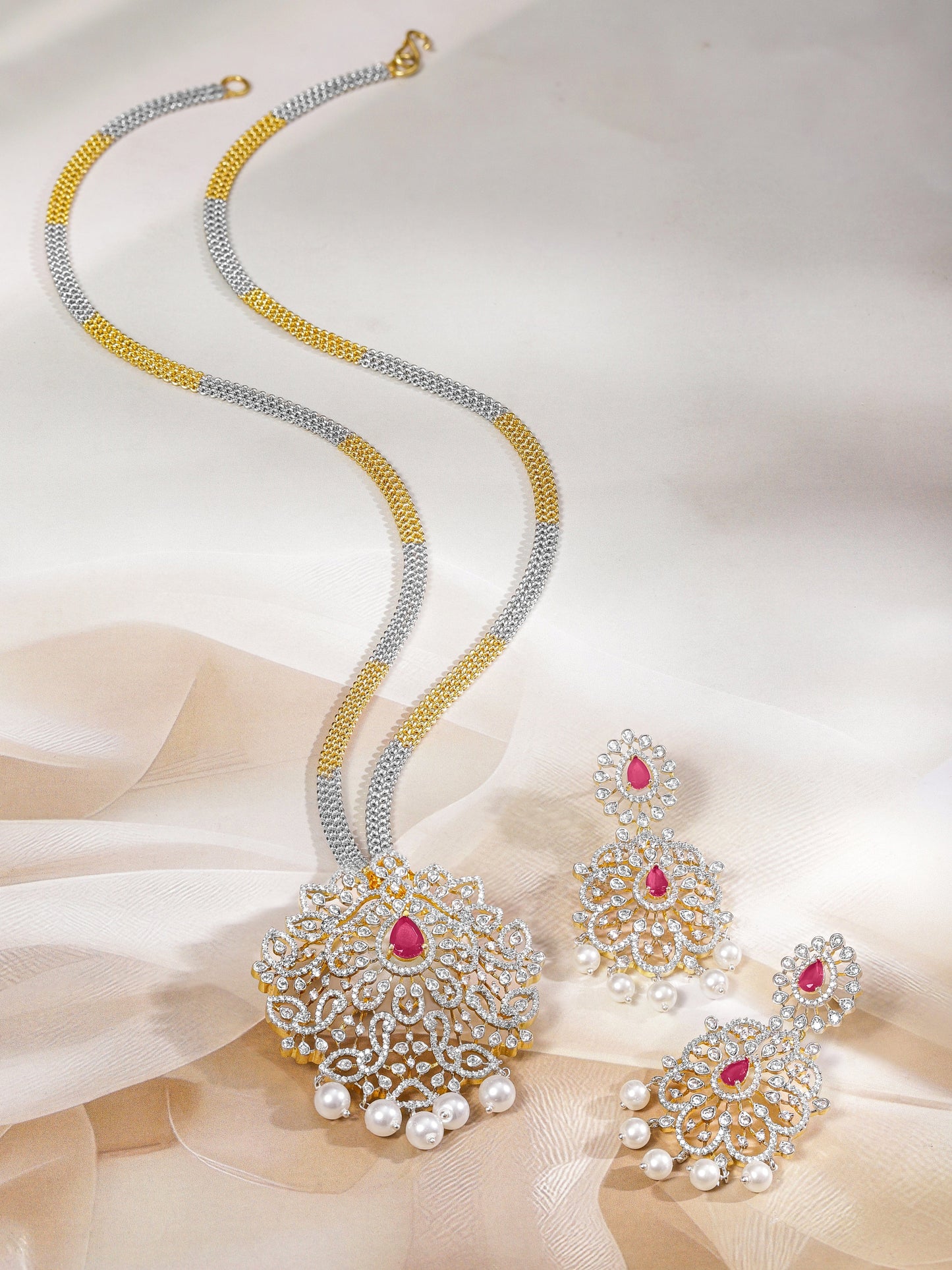 Rubans Dual-Tone Gold & Silver Plated Ruby Pink & Cubic Zirconia Studded Necklace Set with White Pearls