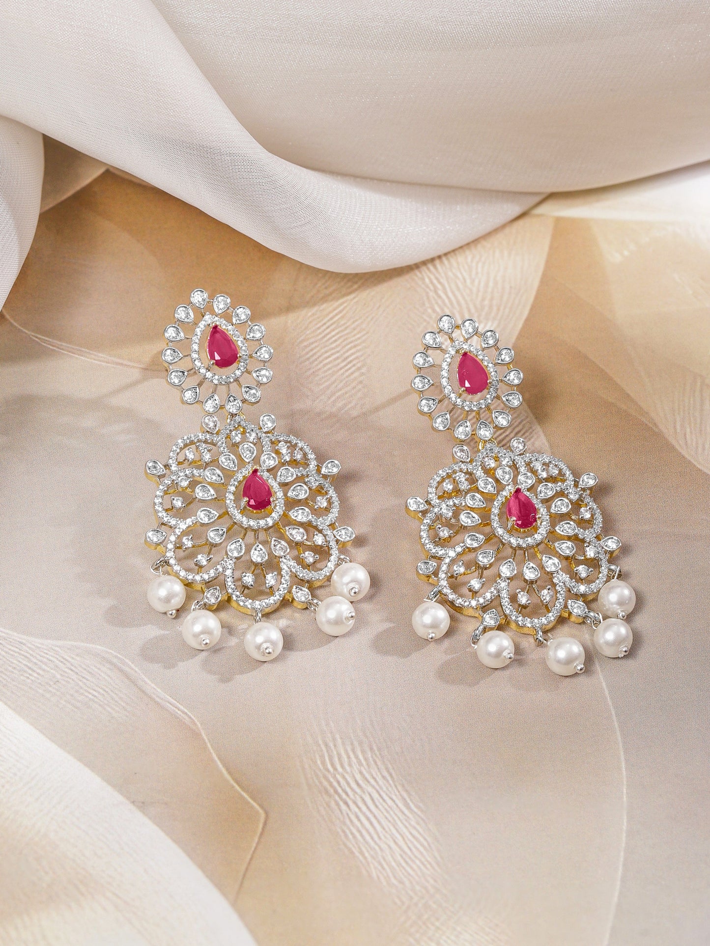 Rubans Dual-Tone Gold & Silver Plated Ruby Pink & Cubic Zirconia Studded Necklace Set with White Pearls