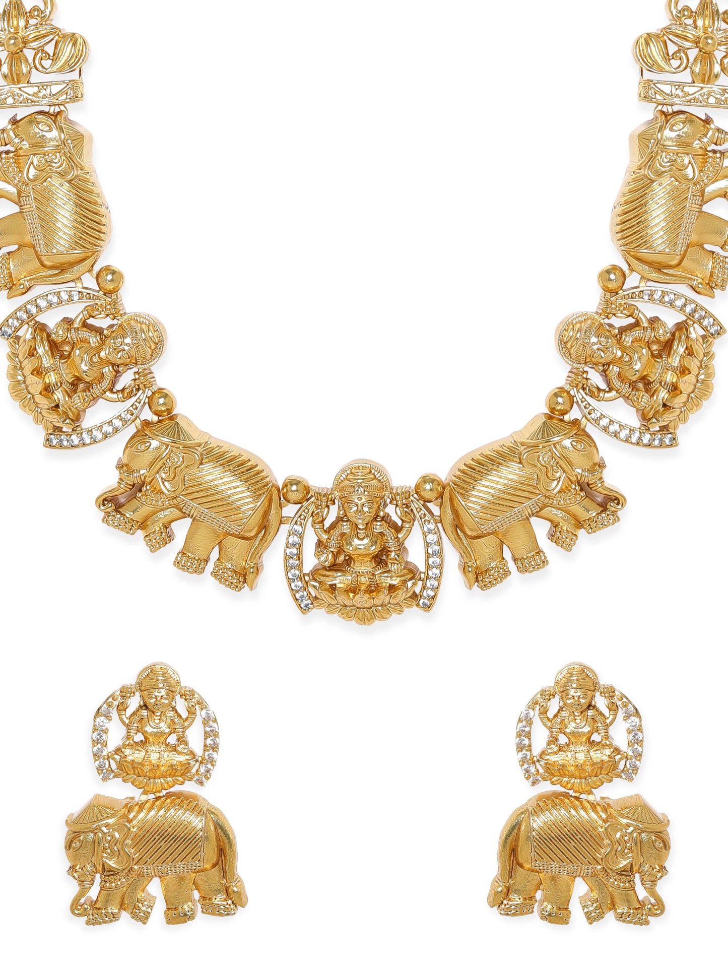 Rubans Gilded Elegance Gold-Plated AD-studded Lakshmi Designer Necklace & Earrings