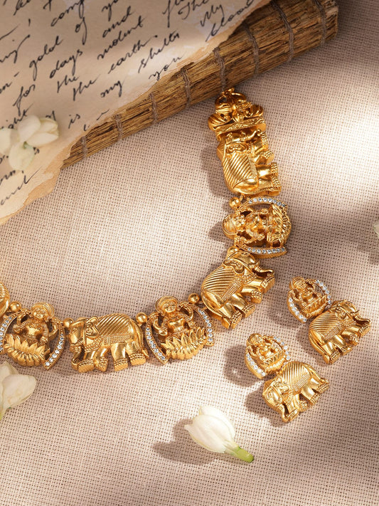 Rubans Gilded Elegance Gold-Plated AD-studded Lakshmi Designer Necklace & Earrings