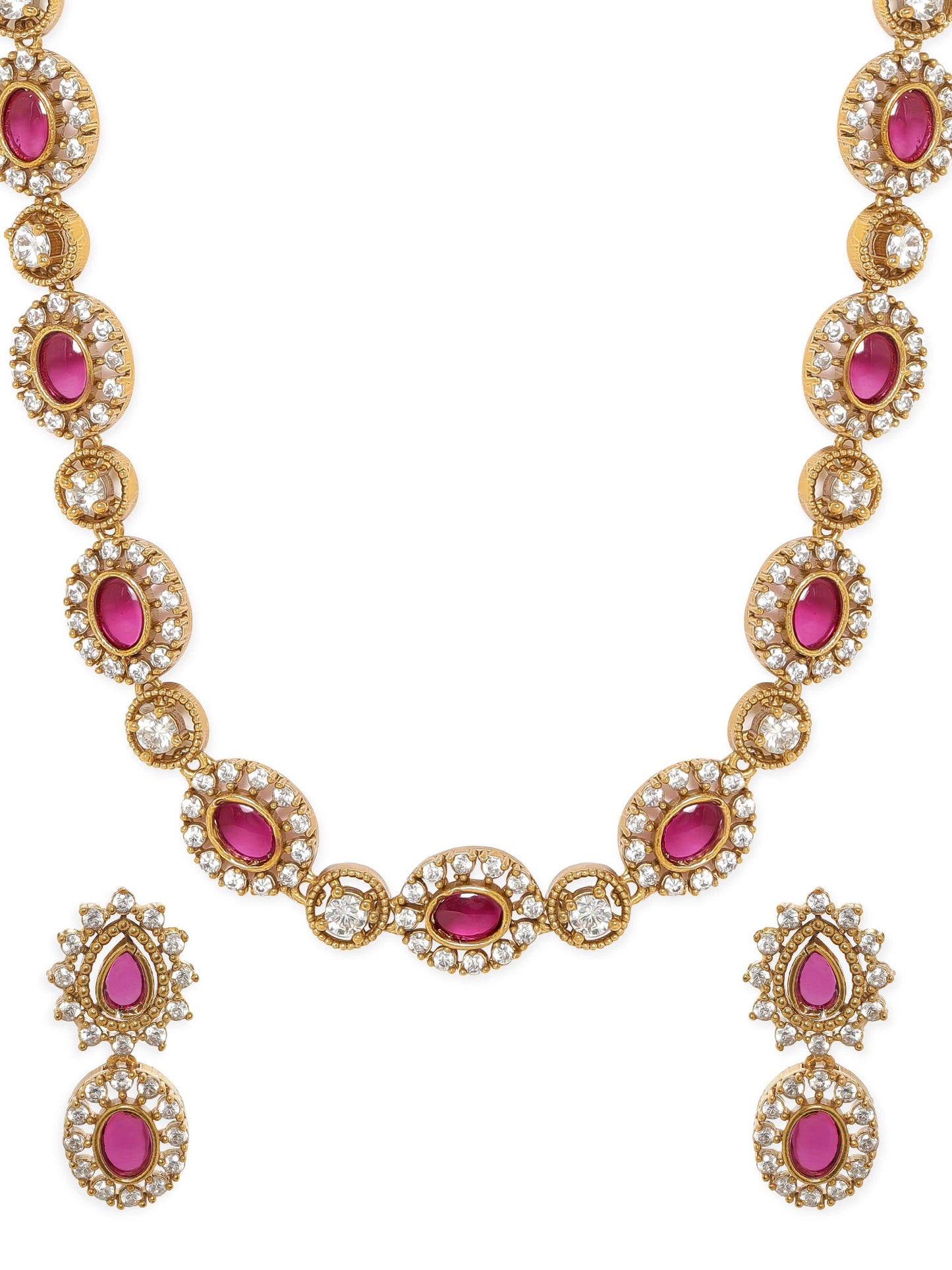 Rubans Glistening Gold Tone Necklace Set with Pink & White Stones
