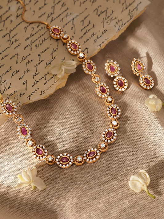 Rubans Glistening Gold Tone Necklace Set with Pink & White Stones