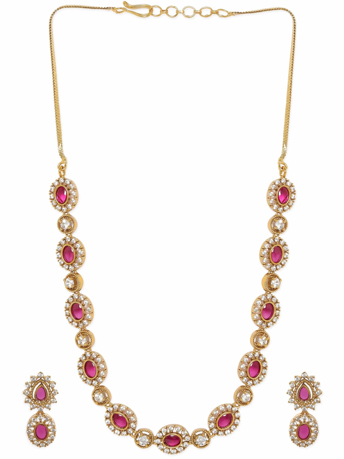 Rubans Glistening Gold Tone Necklace Set with Pink & White Stones