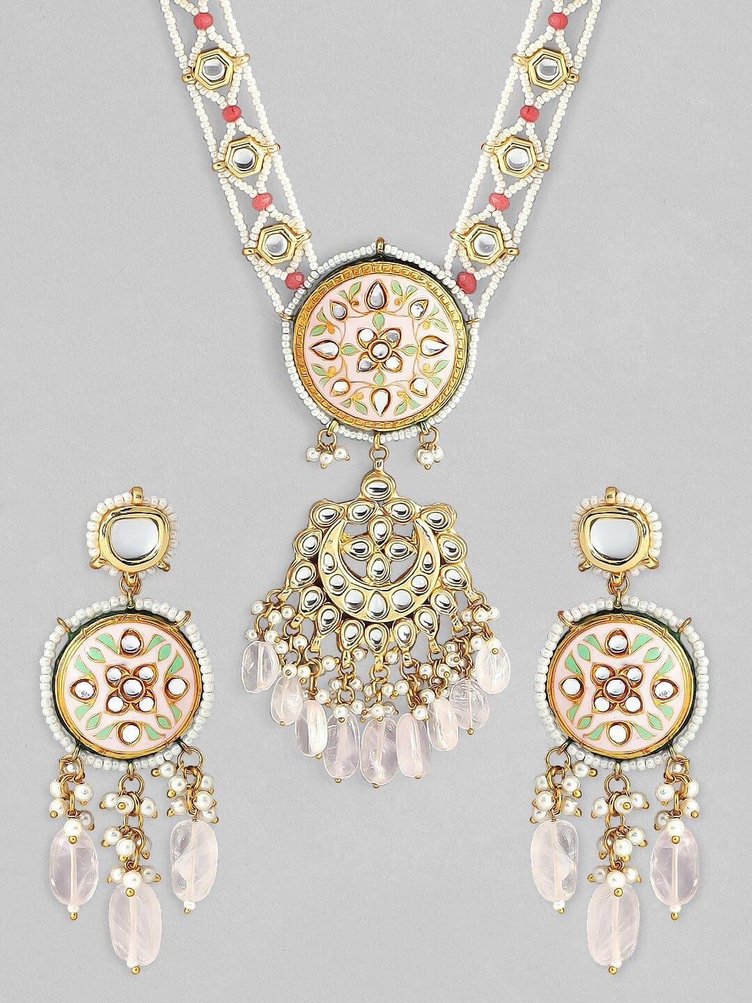 Rubans Gold Plated Handcrafted Beaded Kundan Studded Multicolour Necklace Set