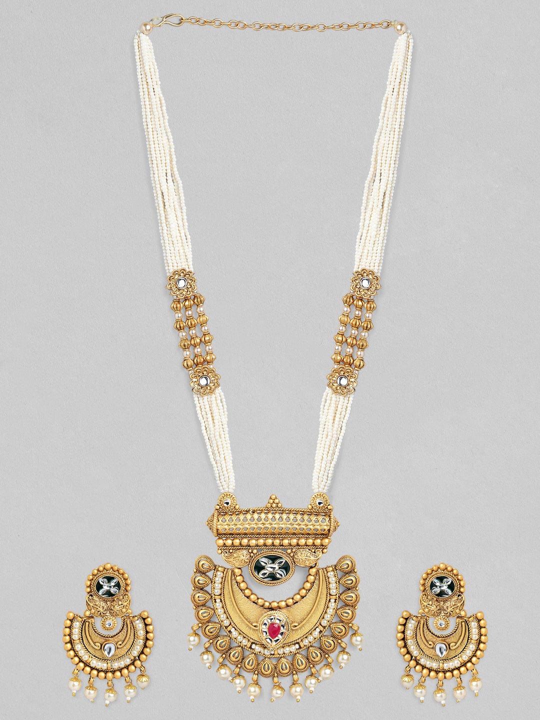 Rubans 22K Gold-Plated Pearl Beaded Multi-Strand Necklace Set with Kundan & Ruby Accents and Earrings
