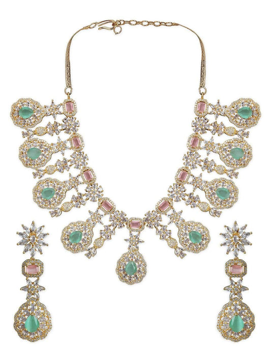 Rubans Gold Plated Handcrafted Pink & Green AD Studded Necklace Set.