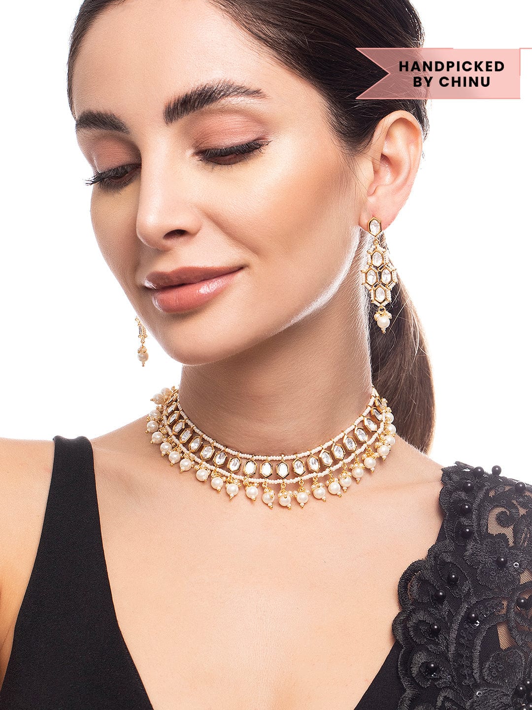 Rubans 18K Gold-Plated White Kundan Choker Necklace Set With White Beads And Pearls
