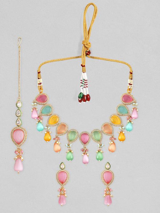 Rubans Gold Plated Necklace Set With Multicoloured Stones And Beads.