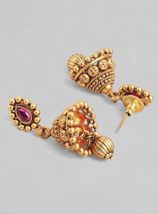 Rubans 22K Gold-Plated Ruby Pink & Kundan Studded Temple Necklace Set with Jhumka Earrings