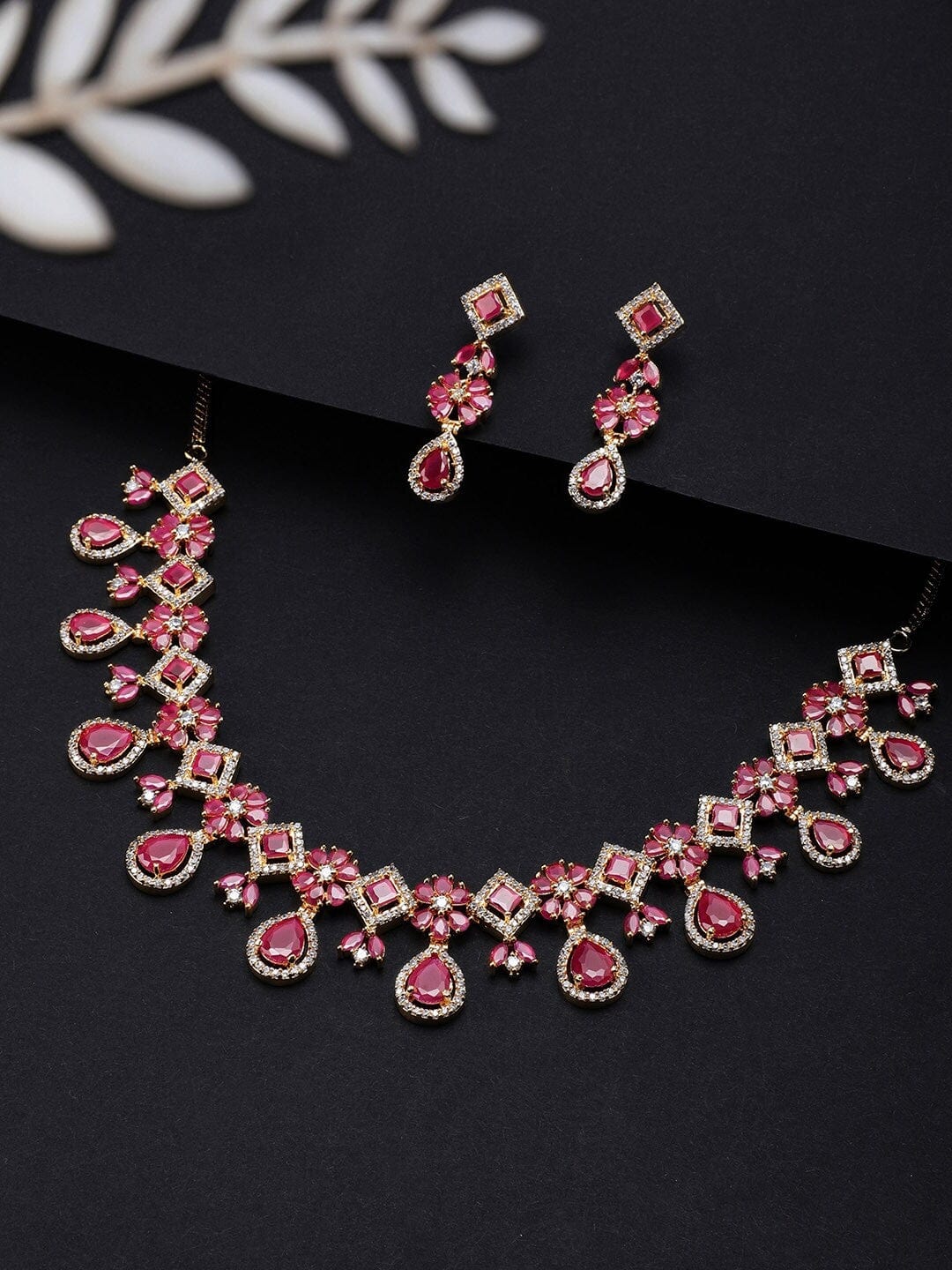 Rubans 22K Gold-Plated Ruby Pink & White Cubic Zirconia Studded Floral Drop Necklace Set