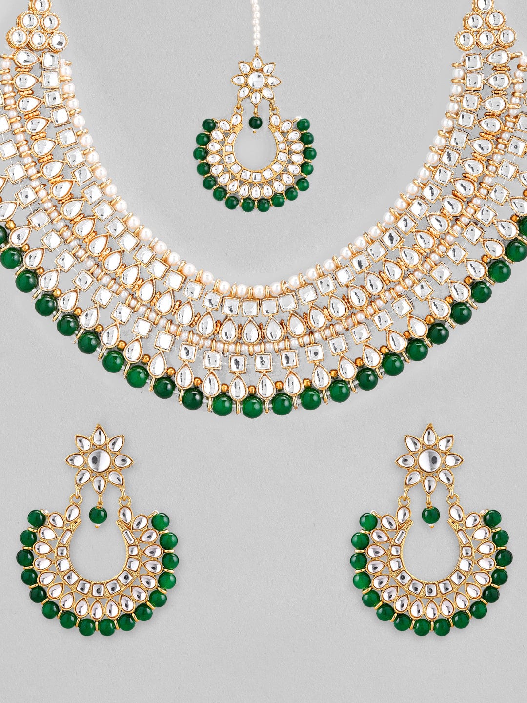 Rubans Gold-Toned Green Kundan Studded Necklace Set
