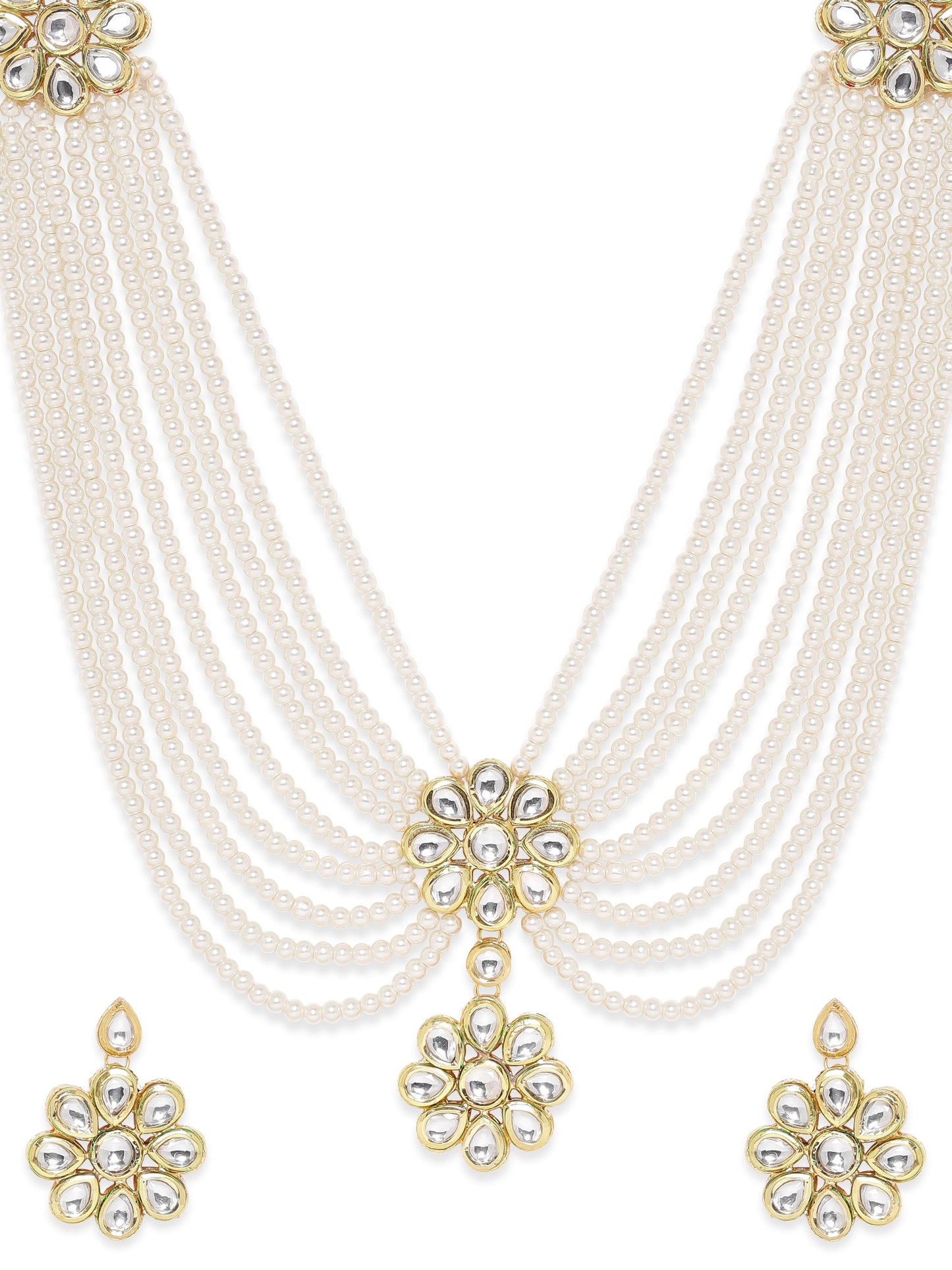 Rubans Luminous Elegance White Pearl Kundan Necklace Set