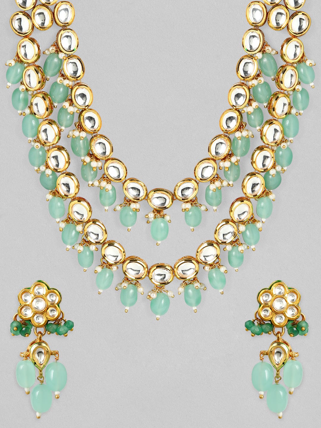 Rubans Luxury 24K Gold Plated Handcrafted Pachi Kundan & Green Beads Layered Necklace Set