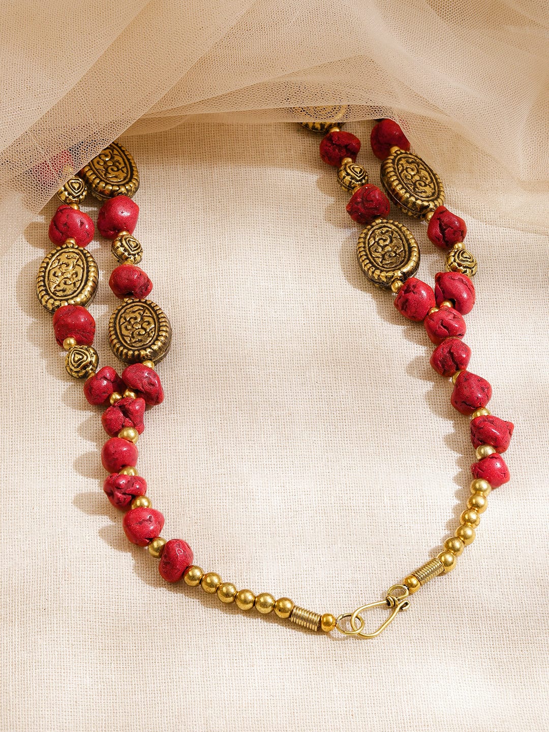 Rubans Oxidised Antique Gold-Plated Dual-Layer Necklace with Red Carved Beads & Tribal Oval Discs