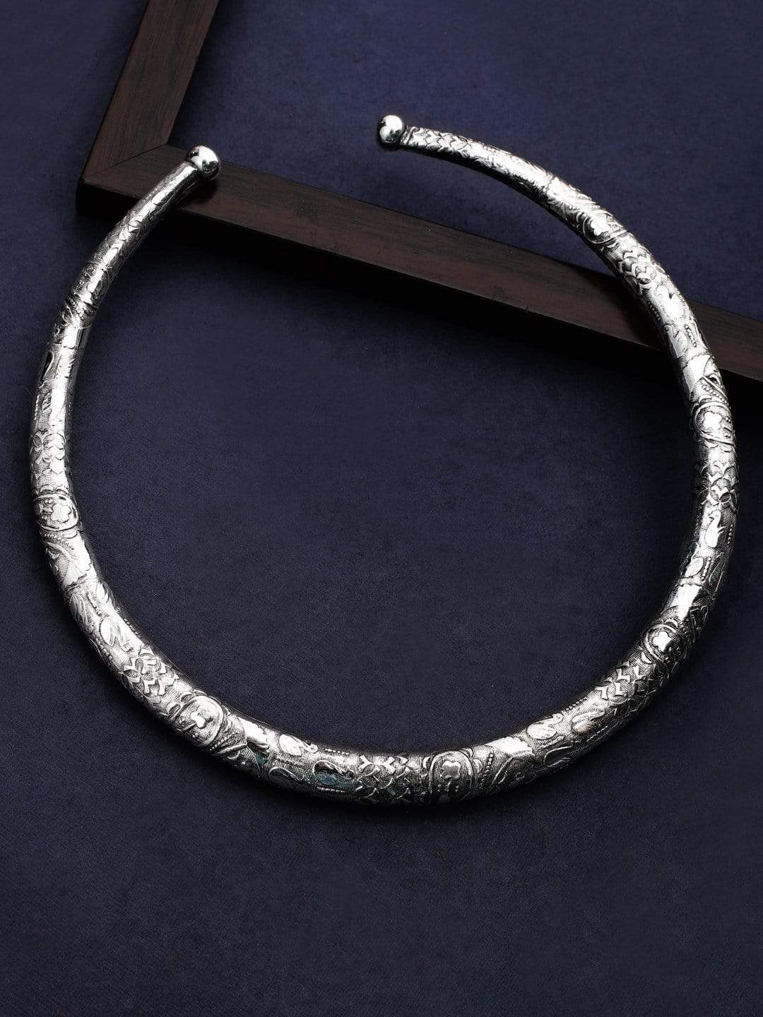 Rubans Oxidized Silver Plated Floral and Geometric Design Statement Choker Necklace