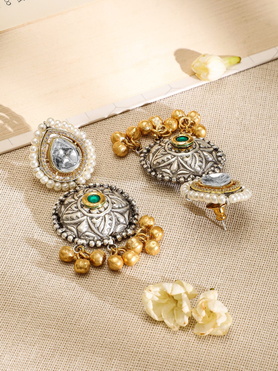 Rubans Oxidised Silver-Plated Choker Necklace Set with Ruby, Emerald, Pearl & Gold Beads