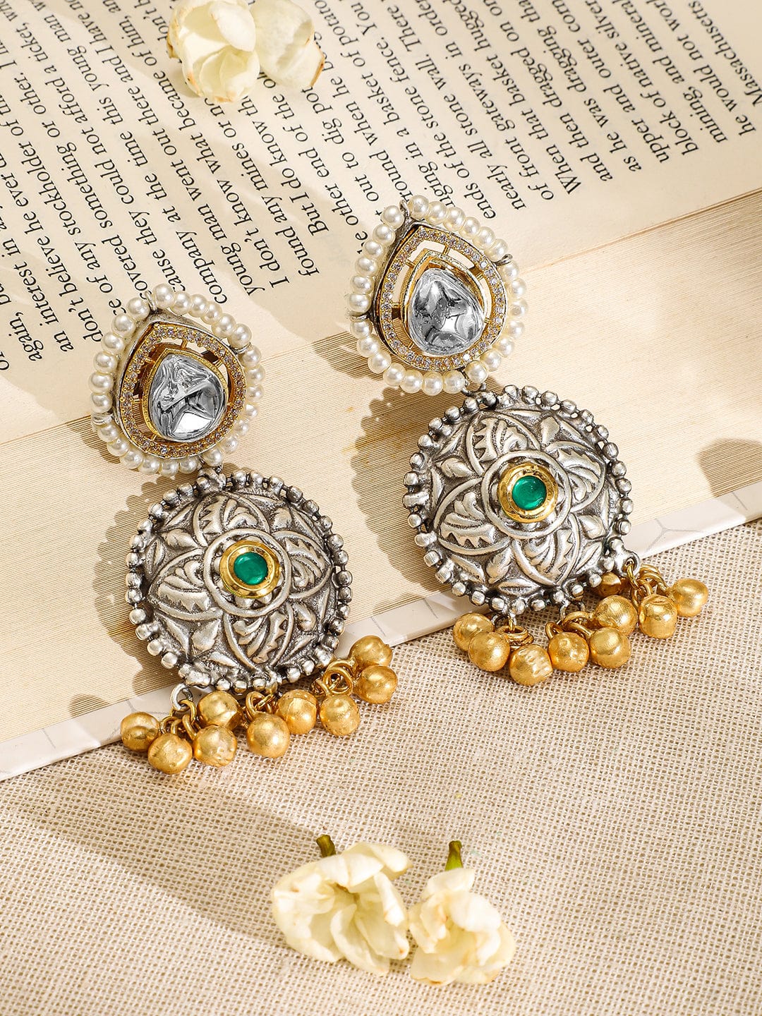 Rubans Oxidised Silver-Plated Choker Necklace Set with Ruby, Emerald, Pearl & Gold Beads