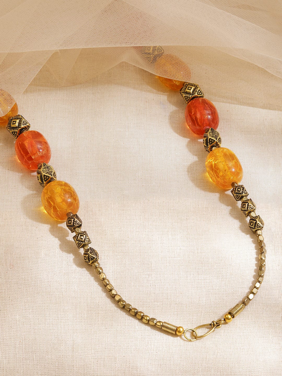 Rubans Oxidized Antique Gold Bohemian Necklace with Amber Orange & Yellow Textured Beads