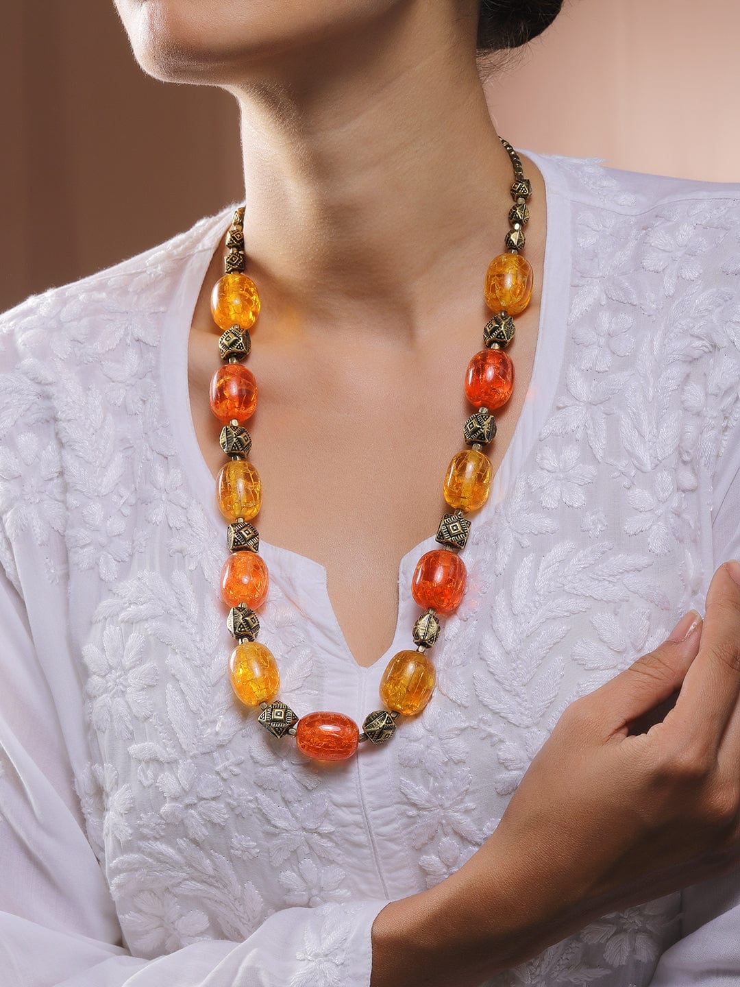 Rubans Oxidized Antique Gold Bohemian Necklace with Amber Orange & Yellow Textured Beads