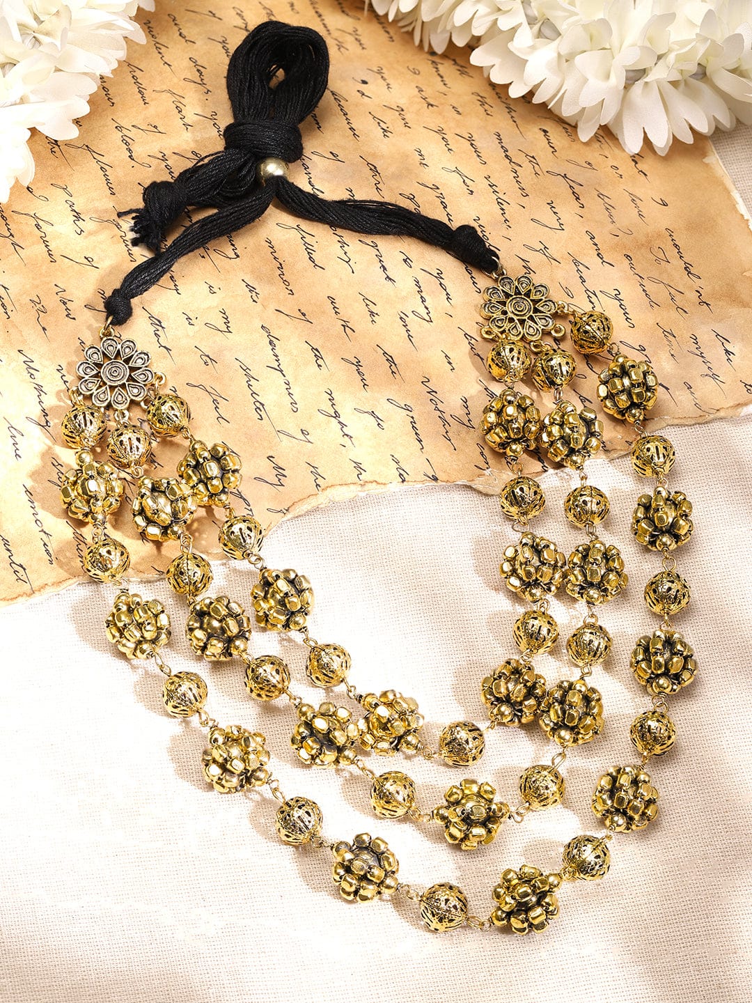 Rubans Oxidized Antique Gold-Plated Triple-Layered Floral Beaded Statement Necklace
