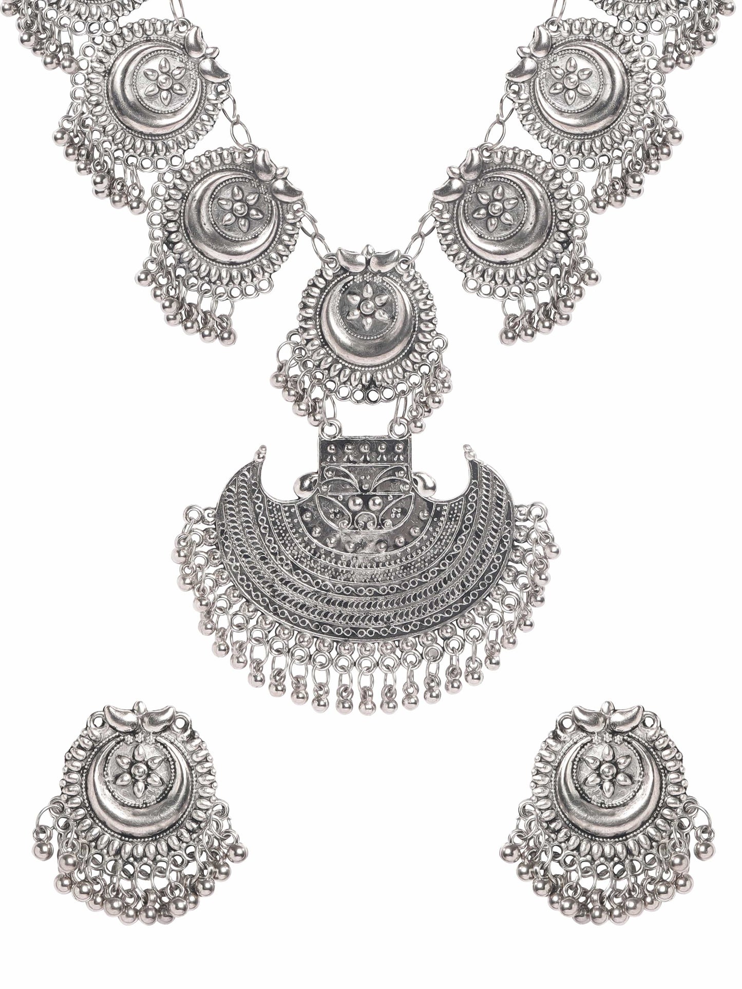 Rubans Oxidized Plated Ghungroo Beaded Crystal Statement Necklace Set
