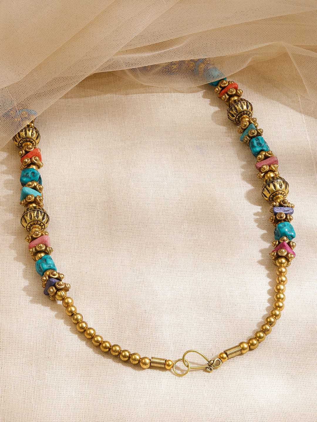 Rubans Oxidized Silver-Plated Multicolor Carved Beads Bohemian Necklace with Crescent Pendant