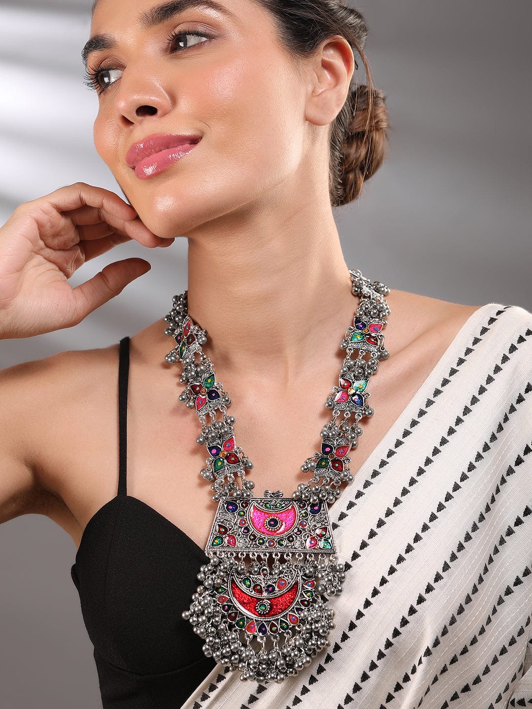 Rubans Oxidized Silver-Plated Multicolor Enamel Crescent Motif & Silver Beads Necklace