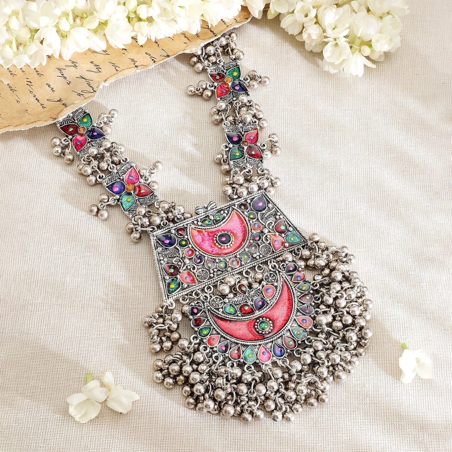 Rubans Oxidized Silver-Plated Multicolor Enamel Crescent Motif & Silver Beads Necklace