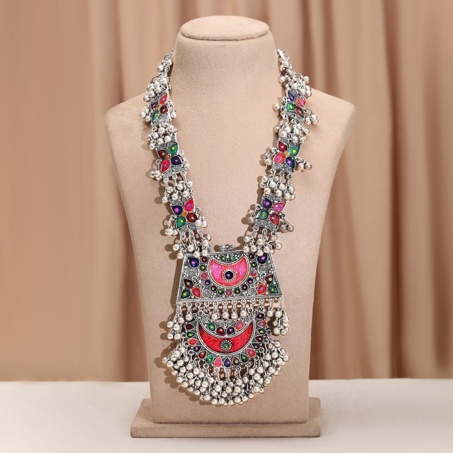 Rubans Oxidized Silver-Plated Multicolor Enamel Crescent Motif & Silver Beads Necklace