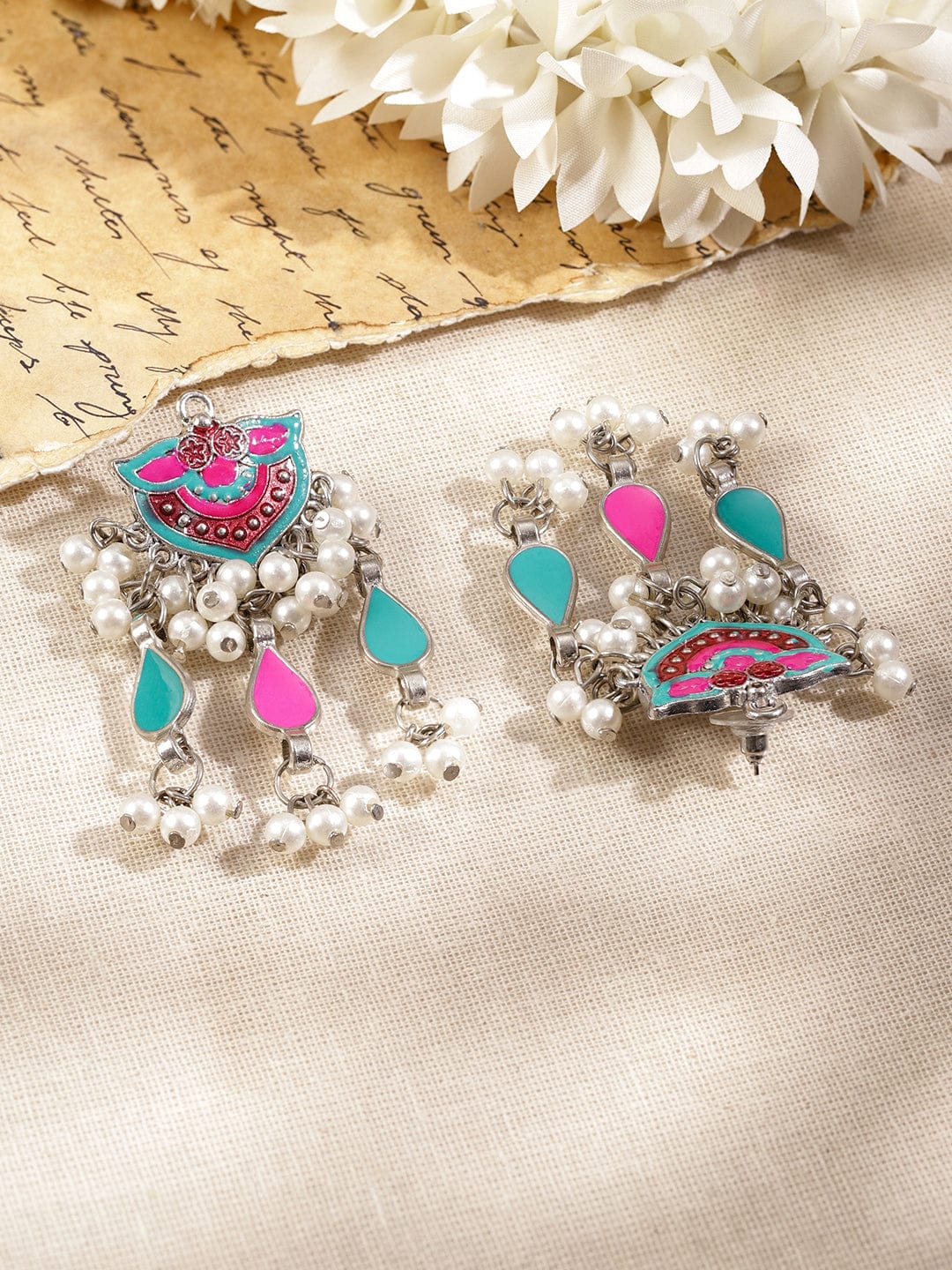 Rubans Oxidized Silver-Plated Multicolor Enamel & Pearl Beaded Dangling Necklace Set