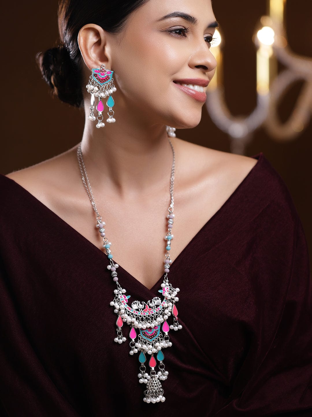 Rubans Oxidized Silver-Plated Multicolor Enamel & Pearl Beaded Dangling Necklace Set