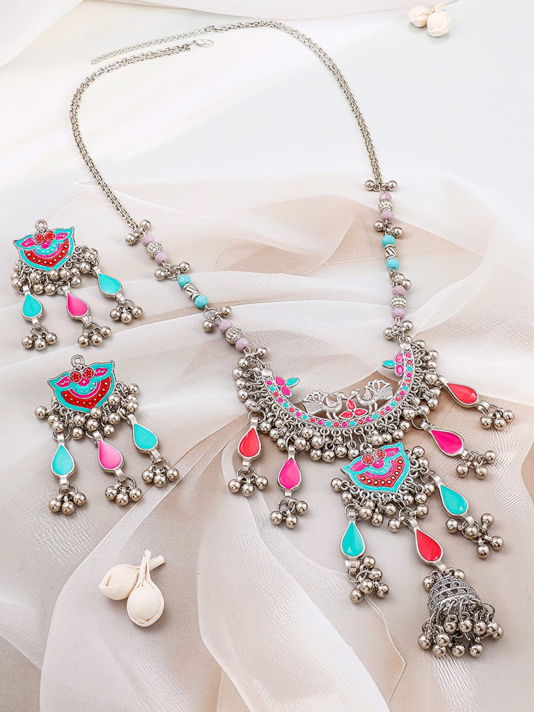 Rubans Oxidized Silver-Plated Multicolored Enamel & Beaded Elephant Motif Necklace Set with Dangling Silver Beads