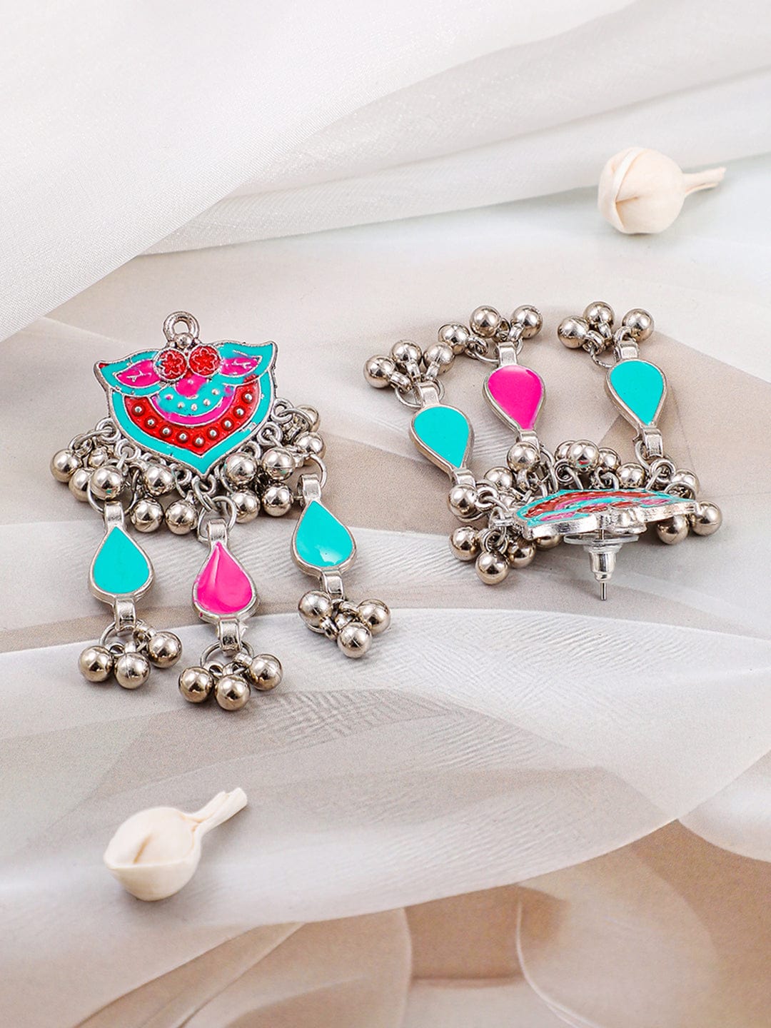 Rubans Oxidized Silver-Plated Multicolored Enamel & Beaded Elephant Motif Necklace Set with Dangling Silver Beads