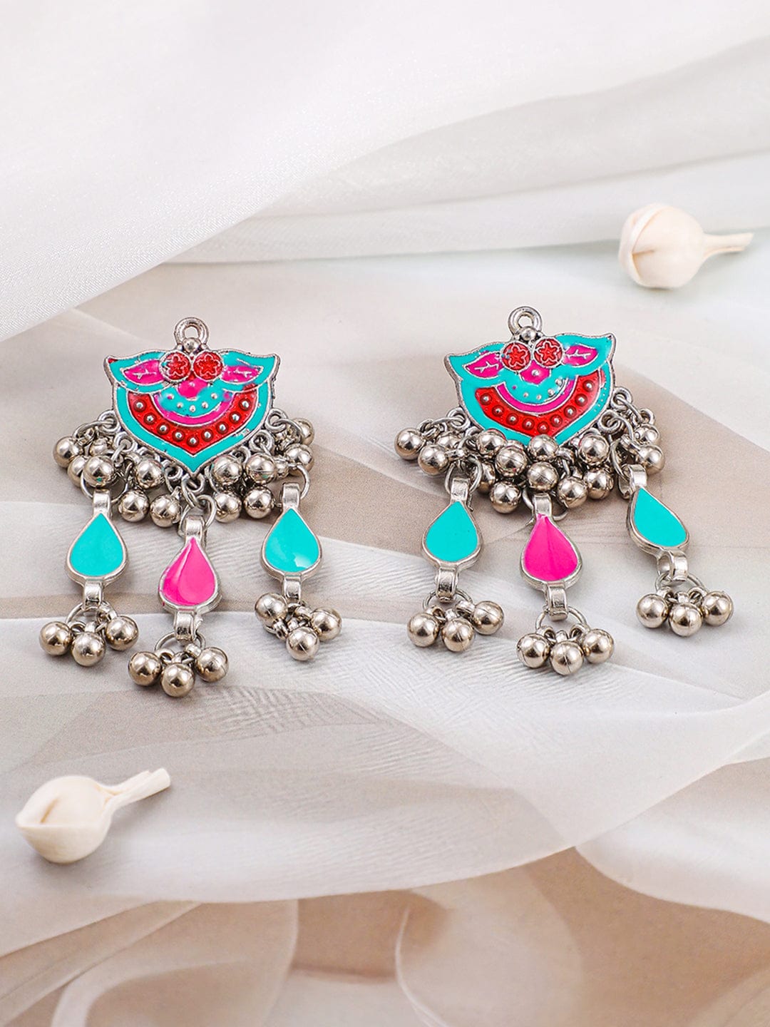 Rubans Oxidized Silver-Plated Multicolored Enamel & Beaded Elephant Motif Necklace Set with Dangling Silver Beads