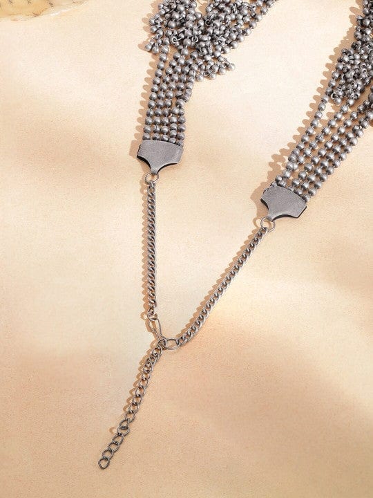 Rubans Oxidized Silver-Plated Multilayer Ghungroo Beaded Statement Necklace