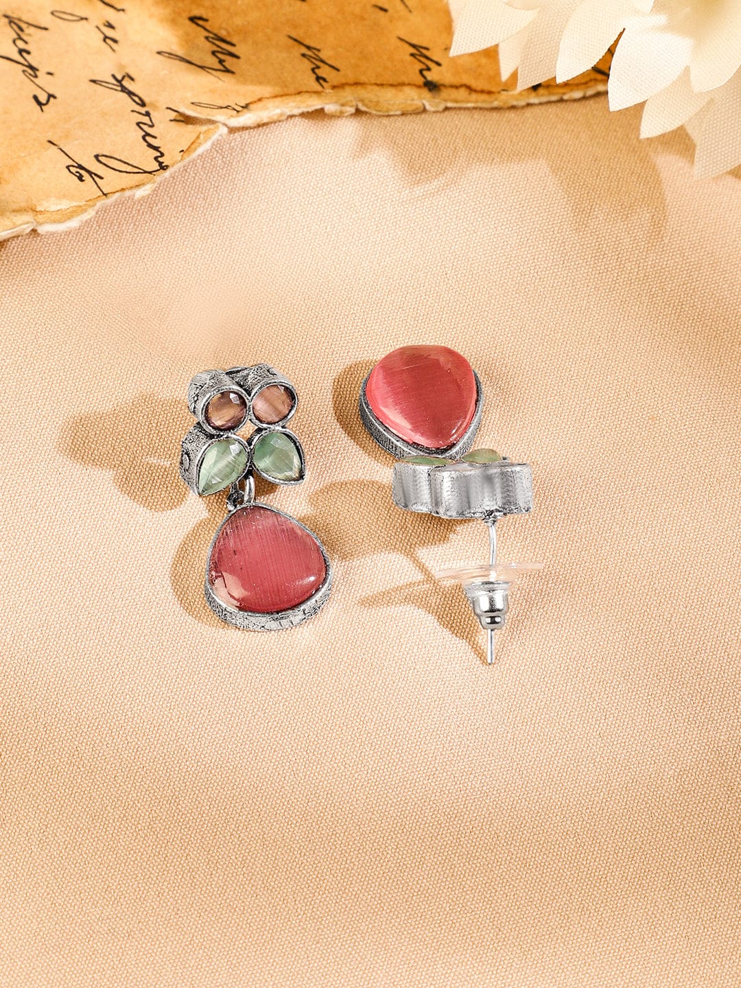 Rubans Oxidized Silver-Plated Pastel Pink & Green Kundan Studded Necklace Set with Drop Earrings