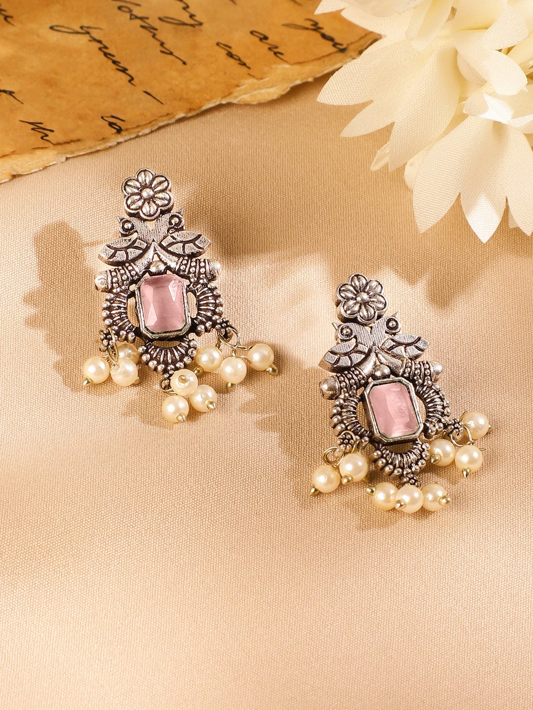 Rubans Oxidized Silver-Plated Pastel Pink Stone Studded Pearl Beaded Traditional Necklace Set