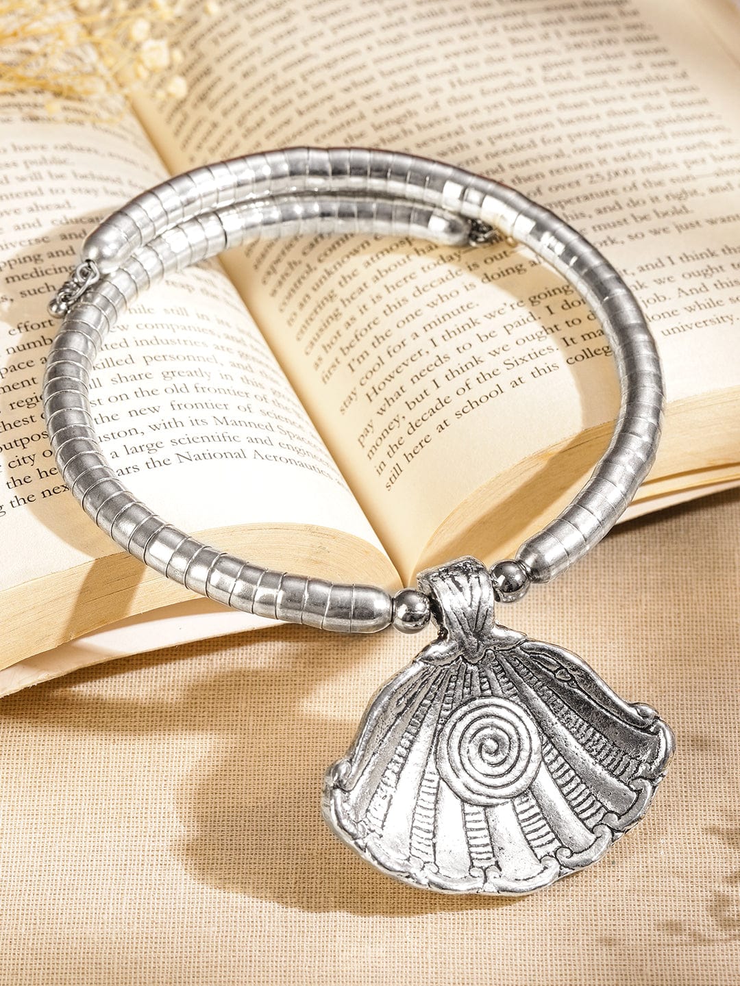 Rubans Oxidized Silver-Plated Shell Design Statement Choker Necklace for Women