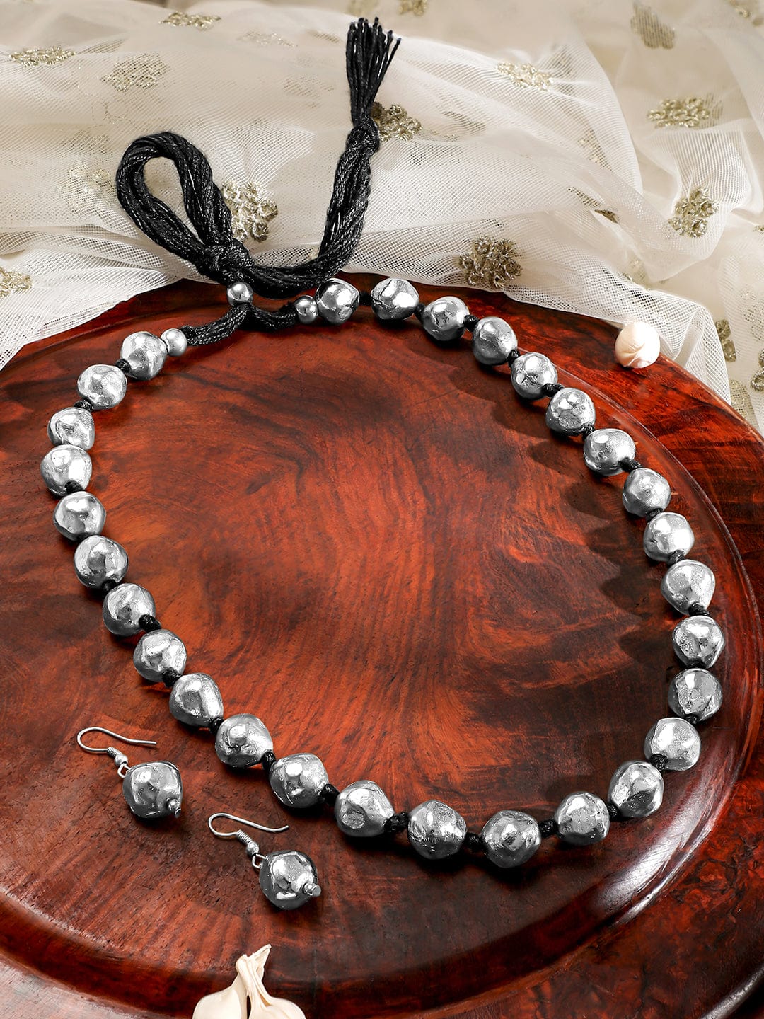 Rubans Oxidized Silver-Plated Statement Beaded Necklace & Earrings Set