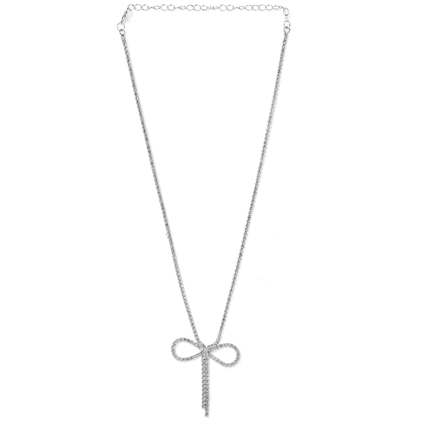 Rubans Rhodium Plated AD & Cubic Zirconia Studded Bow Design Statement Necklace