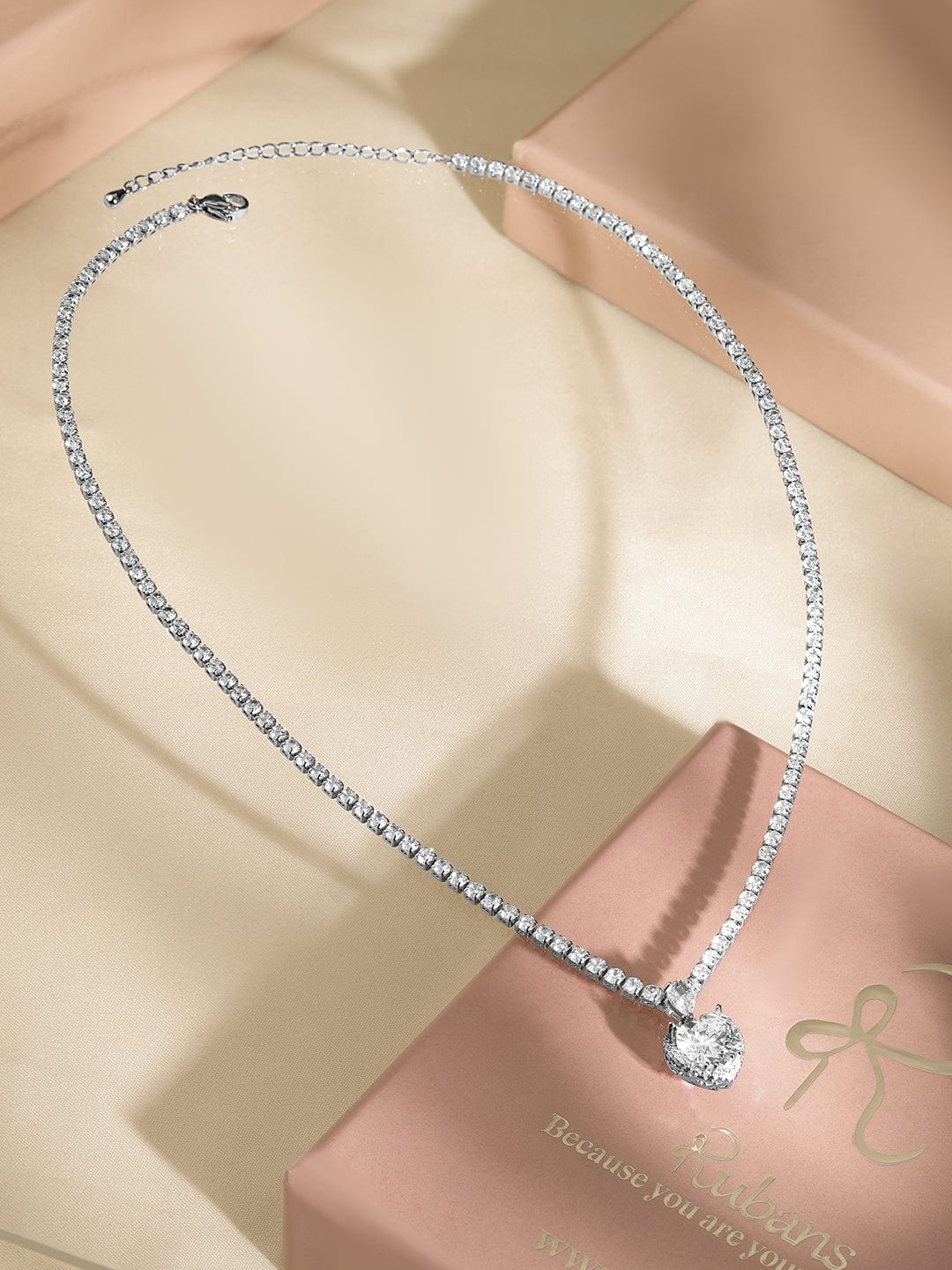 Rubans Rhodium-Plated AD & Cubic Zirconia Studded Heart Pendant Necklace